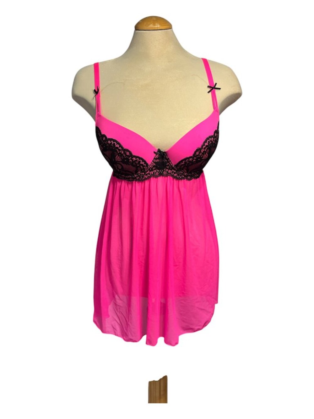LA VIE EN ROSE Baby Doll Chemise Lingerie Hot Bubblegum Pink Black Lace Size M